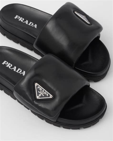 prada nappa leather slides|Prada straw sandals.